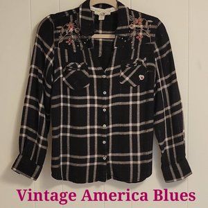 Vintage America black plaid embroidered long sleeve button up blouse Sz: L